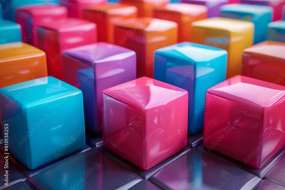 Aufkleber close-up of glossy, geometric cubes with highly saturated colors, creating a visually striking 3d pa