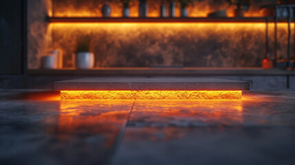 A small, square slab of concrete with a glowing orange light underneath it
