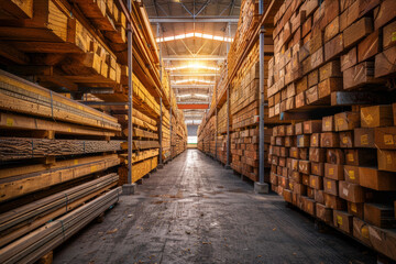 Fototapeta premium Dynamic angle of towering timber piles in a sprawling warehouse, highlighting size and scale.. AI generated.
