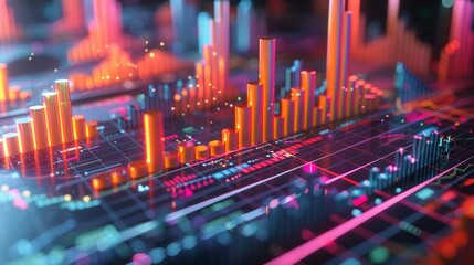 Obraz premium A colorful graph with many different colored lines and bars. The image is abstract and has a futuristic feel to it