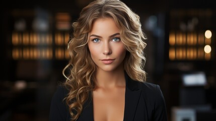 Elegant woman with wavy blonde hair and blue eyes