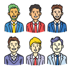 Six cartoon business men smiling, various hair colors, different tie suit combinations, left cartoon man green hair, blue suit, yellow tie middle black hair, suit, tie, bottom right