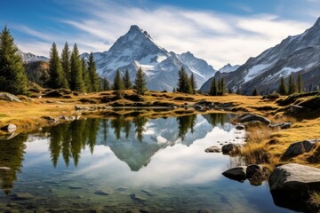 Fototapeta premium Majestic mountain landscape with a serene lake reflection