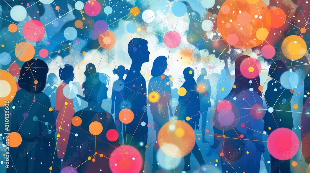 Aufkleber a group of people are depicted in a colorful, abstract style. concept of unity and connection among 