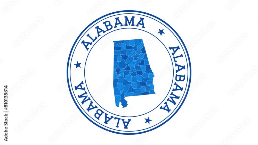 Poster alabama intro. badge with the circular name and map of the us state. alabama round logo animation.