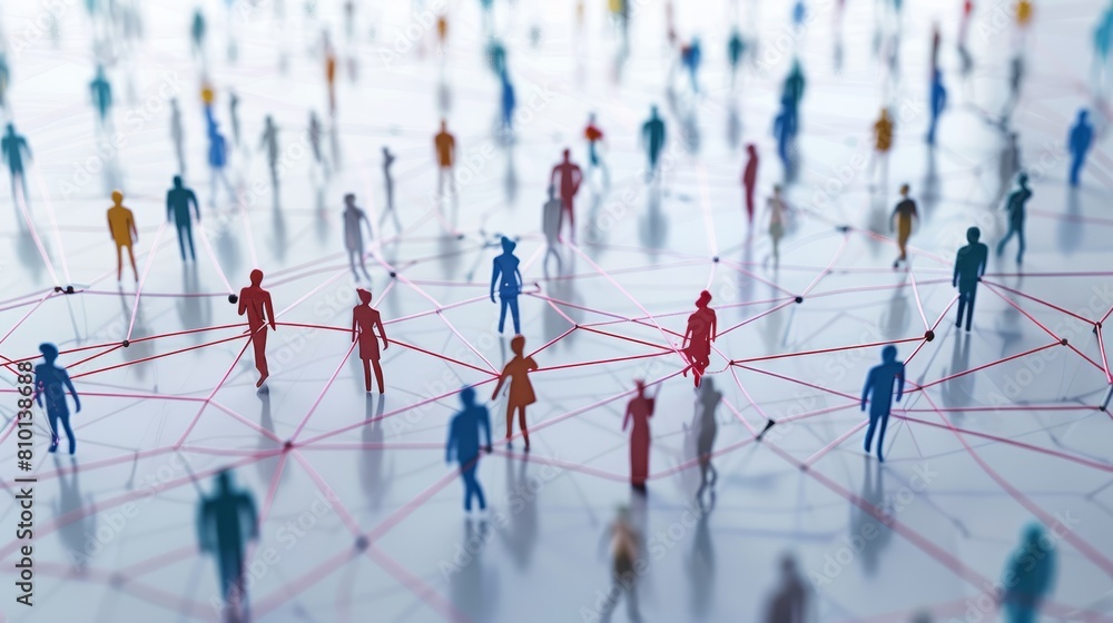 Poster a group of people are connected by a network of lines. the people are of different colors and sizes.
