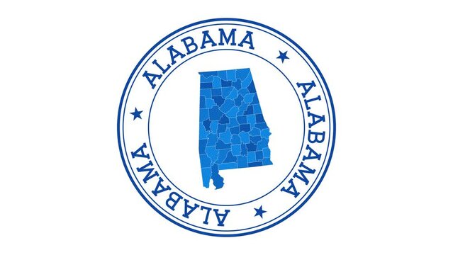 Alabama intro. Badge with the circular name and map of the US state. Alabama round logo animation.