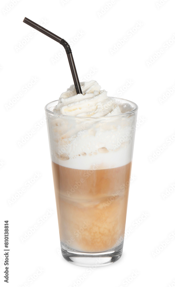 Poster Delicious latte with whipped cream in glass isolated on white