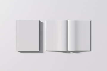 A4 magazine mockup top view, book or catalog on gray background. Blank page or white paper for mockups or simulations.	