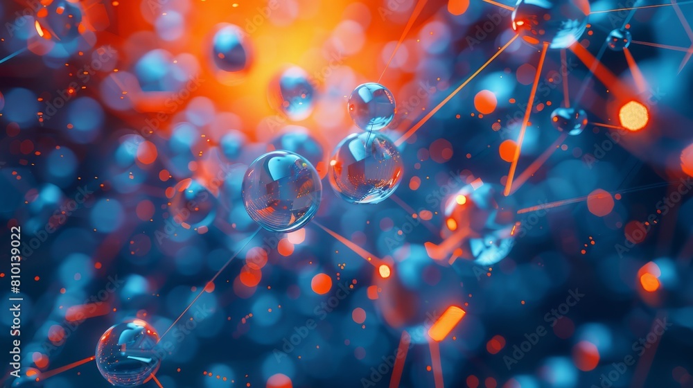 Poster a colorful image of spheres and lines that appear to be connected. the spheres are blue and orange, 