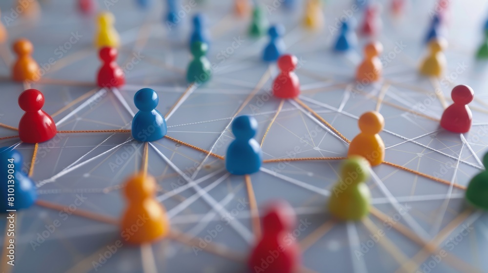 Poster a group of people are connected by a string. the people are in different colors and sizes. concept o