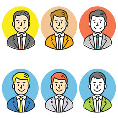 Six male cartoon characters, shoulders up colorful circle background. Characters varied hair colors business attire including ties shirts. Smiling faces suggesting friendly, approachable attitude