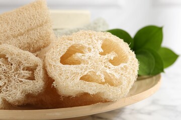 Loofah sponges and green leaves on table, closeup