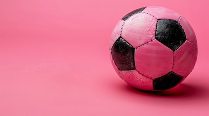 Fototapeta premium A pink surface holds a pink-and-black soccer ball, while a black-and-white one sits atop