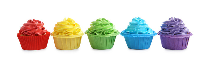 Tasty cupcakes with bright cream isolated on white