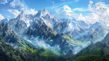 Fototapeta premium Mountain Range Background: A breathtaking mountain range serves as the background, with snow-capped peaks and rugged terrain stretching into the distance 