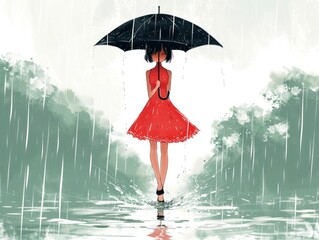 A girl in red dress standing under an umbrella