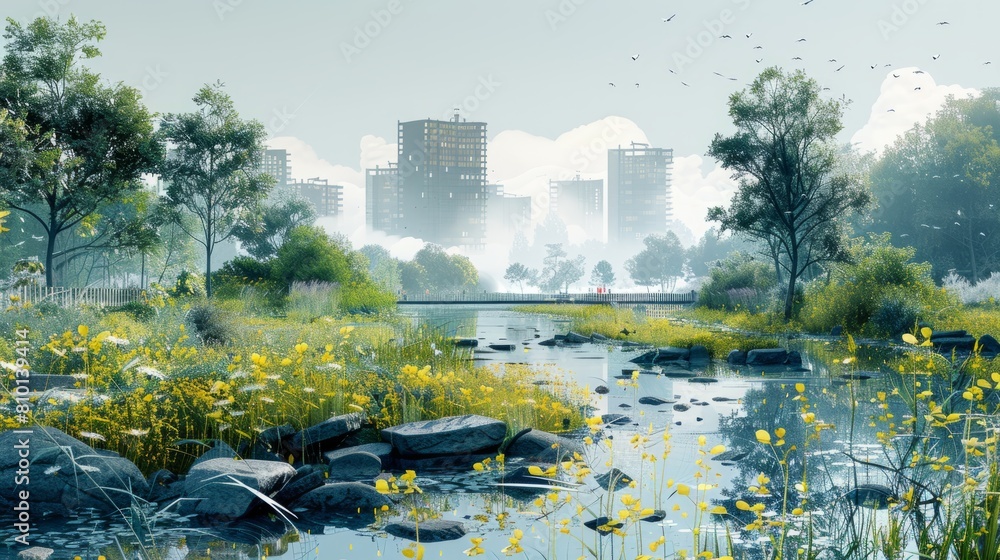 Poster a city with a river running through it and a bridge over it. the city is surrounded by trees and the