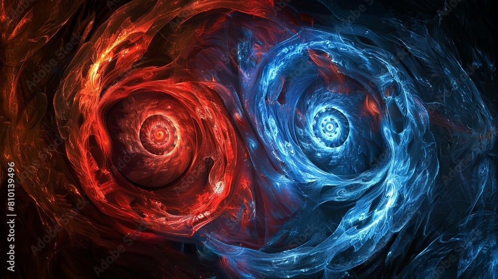 Poster chaotic red and blue abstract swirl collision - a chaotic and dramatic collision of red and blue abs