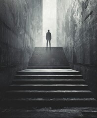 A man stands at the top of an infinite staircase.