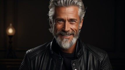 Obraz premium Mature man with gray hair and beard wearing a leather jacket