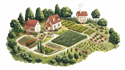 A drawing of a farm with a house, a barn, and a garden. The garden is full of flowers and the house is white