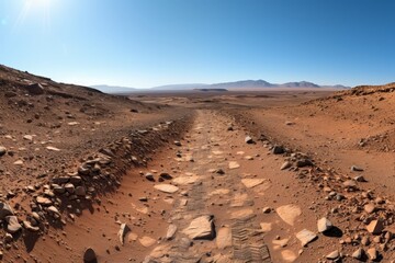 Vast desert landscape with rocky terrain and clear blue sky