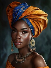 A beautiful African woman wearing an orange and blue turban and big earring