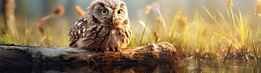 Curious owl perched on a log in a field