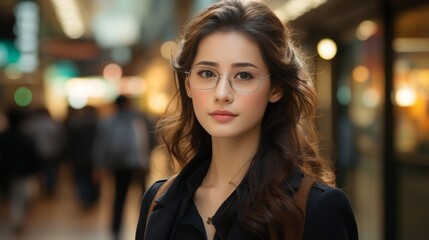 Obraz premium Elegant woman in eyeglasses posing outdoors
