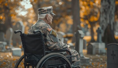 A old military man in wheelchair at the graveyard. - obrazy, fototapety, plakaty