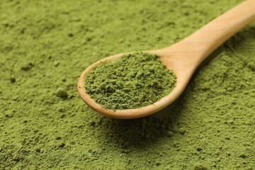Spoon and green matcha powder, closeup view