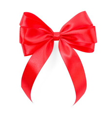 Red satin ribbon bow isolated on white, top view