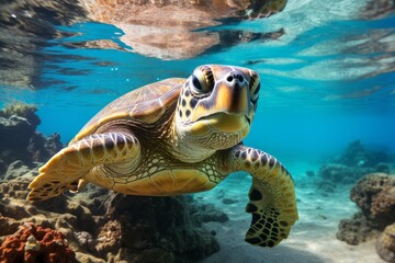 Fototapeta premium Curious sea turtle swimming in blue ocean