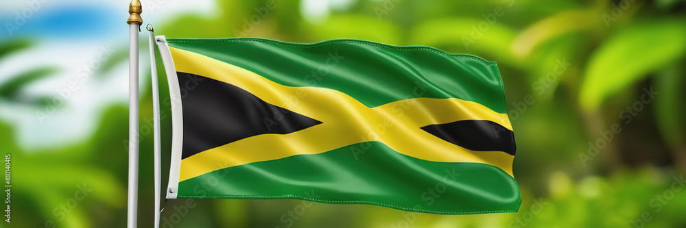 Wall mural The waving flag of Jamaica against the background of the nature of Jamaica. Jamaica's Independence Day