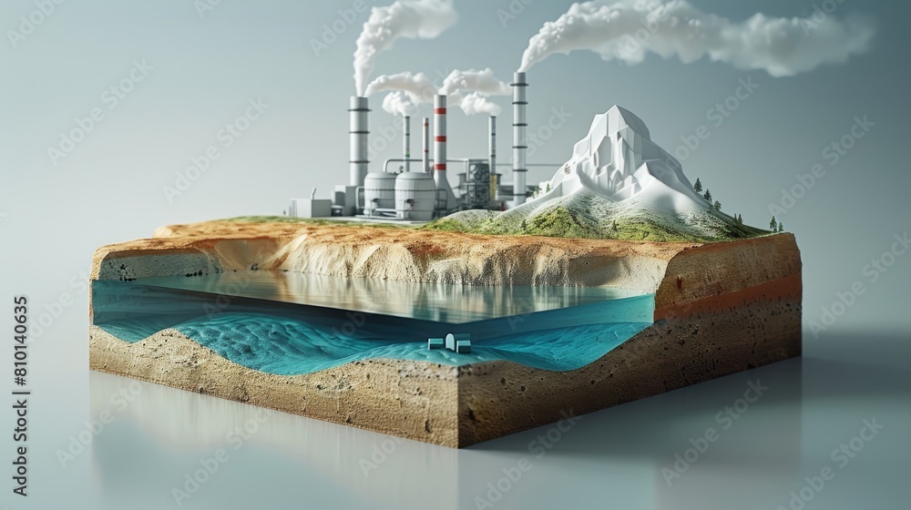 Poster a model of a mountain range with a factory in the background. the factory is emitting smoke, which i