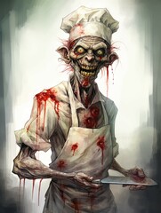 Blood-stained zombie chef with knife - A macabre illustration of an undead chef holding a knife, with blood stains covering the apron and face
