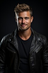 Fototapeta premium Handsome man in black leather jacket