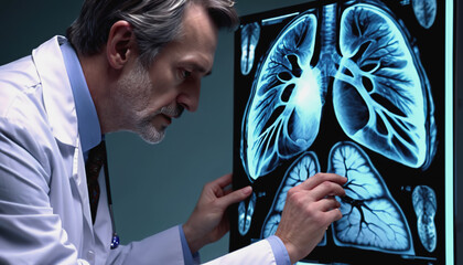 An experienced doctor looks at a lung scan. World Lung Cancer Day. the surgeon looks at the picture