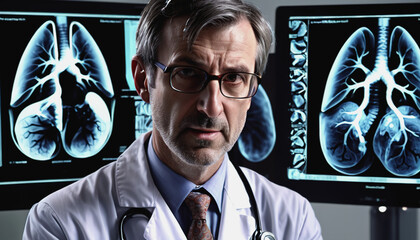 An experienced doctor looks at a lung scan. World Lung Cancer Day. the surgeon looks at the picture