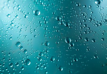 Close-up image of crystal-clear water droplets glistening on a smooth teal surface with varying sizes and reflections