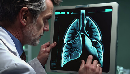 An experienced doctor looks at a lung scan. World Lung Cancer Day. the surgeon looks at the picture