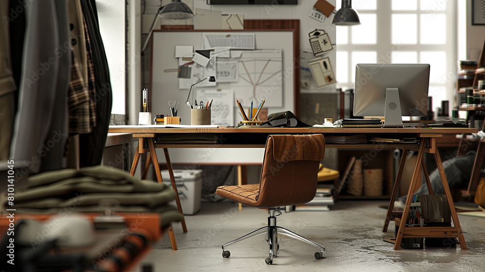 Poster modern creative workspace with design tools - an organized designer's studio complete with drawing u