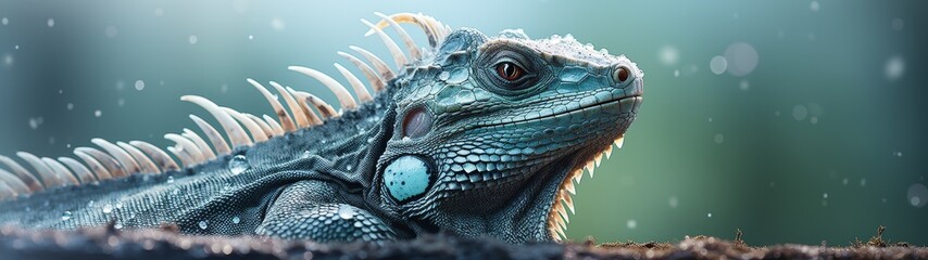 Fototapeta premium Close-up of a colorful iguana in the rain
