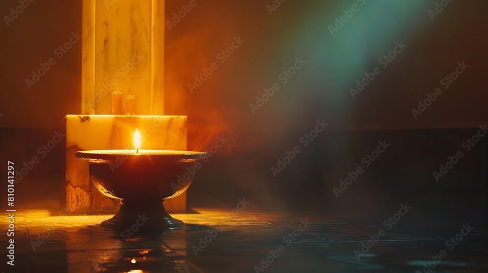 Poster clear space for message next to an image of a christian baptismal font illuminated by the warm glow 