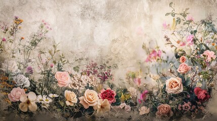 Vintage Floral Wallpaper with Pastel Roses and Wildflowers