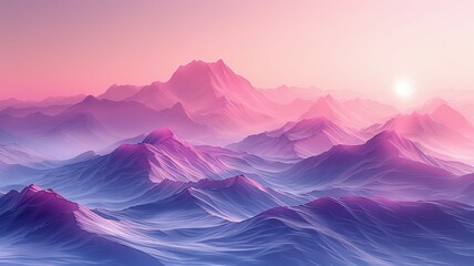 Ethereal mountain range in pink hues at sunrise - Digital illustration of a serene mountain landscape bathed in pink light with a subdued sunrise in the distance