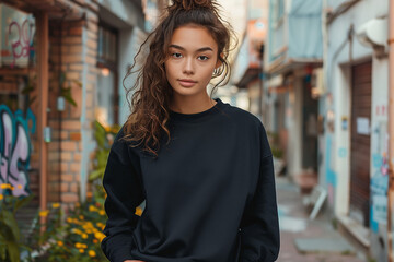 Fototapeta premium Streetwear, Harajuku urban scene Ethnic woman black crewneck sweater mockup