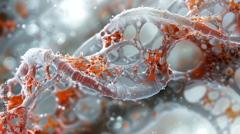 Poster a blurry image of a dna strand with a red and white color scheme. the image has a sense of chaos and