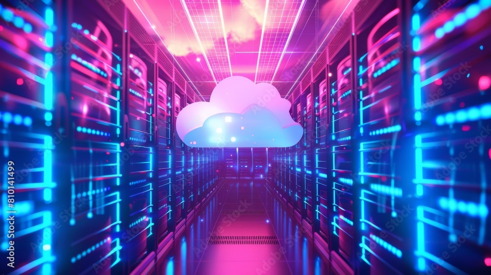Poster a computer server room with a large cloud in the middle. the room is brightly lit with neon colors